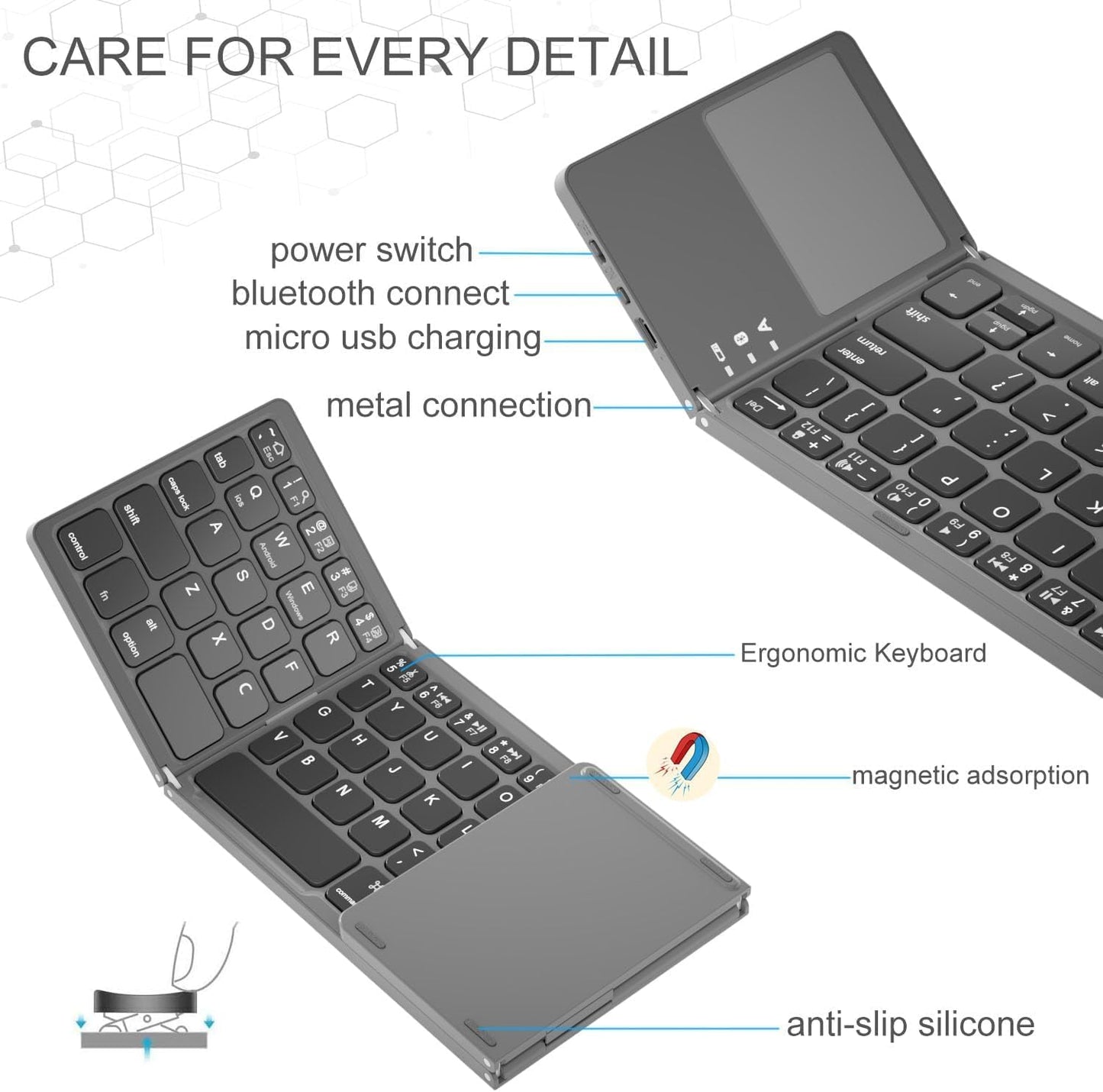 Portable Mini Three Folding Bluetooth Keyboard Wireless Foldable Touchpad Keypad - TWISSERLY